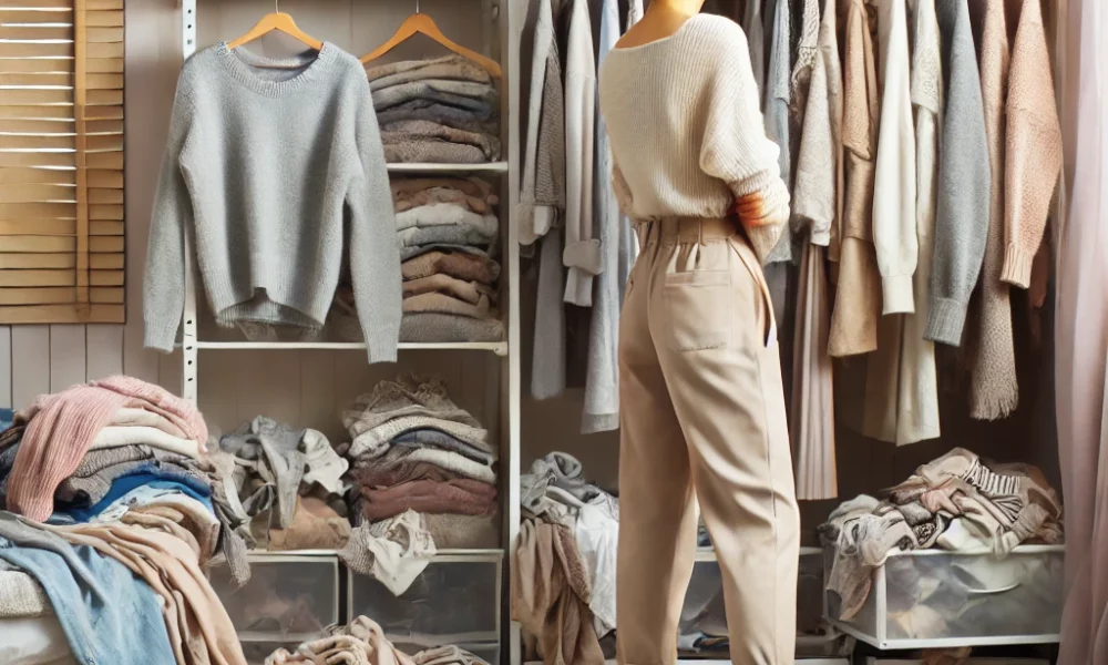 DALL·E 2025-03-22 20.58.45 - A messy and cluttered wardrobe scene with clothes in disarray — items falling out, wrinkled garments in grey, beige, and pastel colors scattered acros